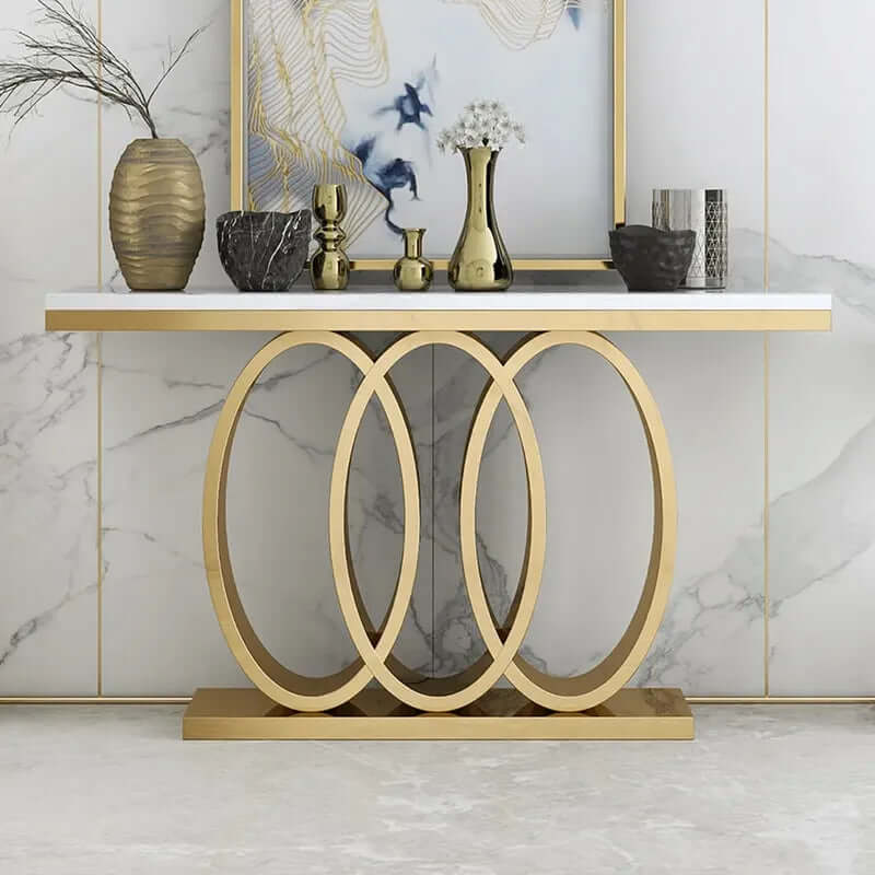 Geometric Base Console Table with Faux Marble & Stainless Steel