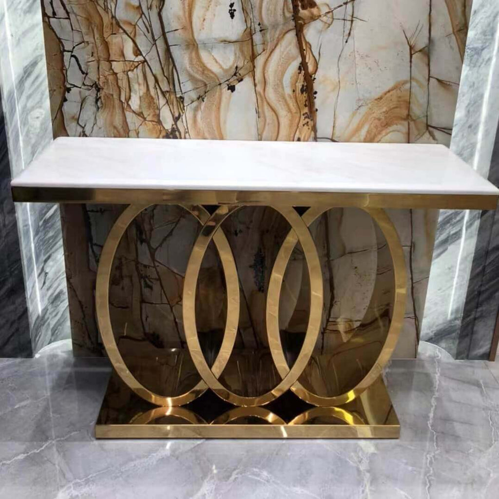 Geometric Base Console Table with Faux Marble & Stainless Steel