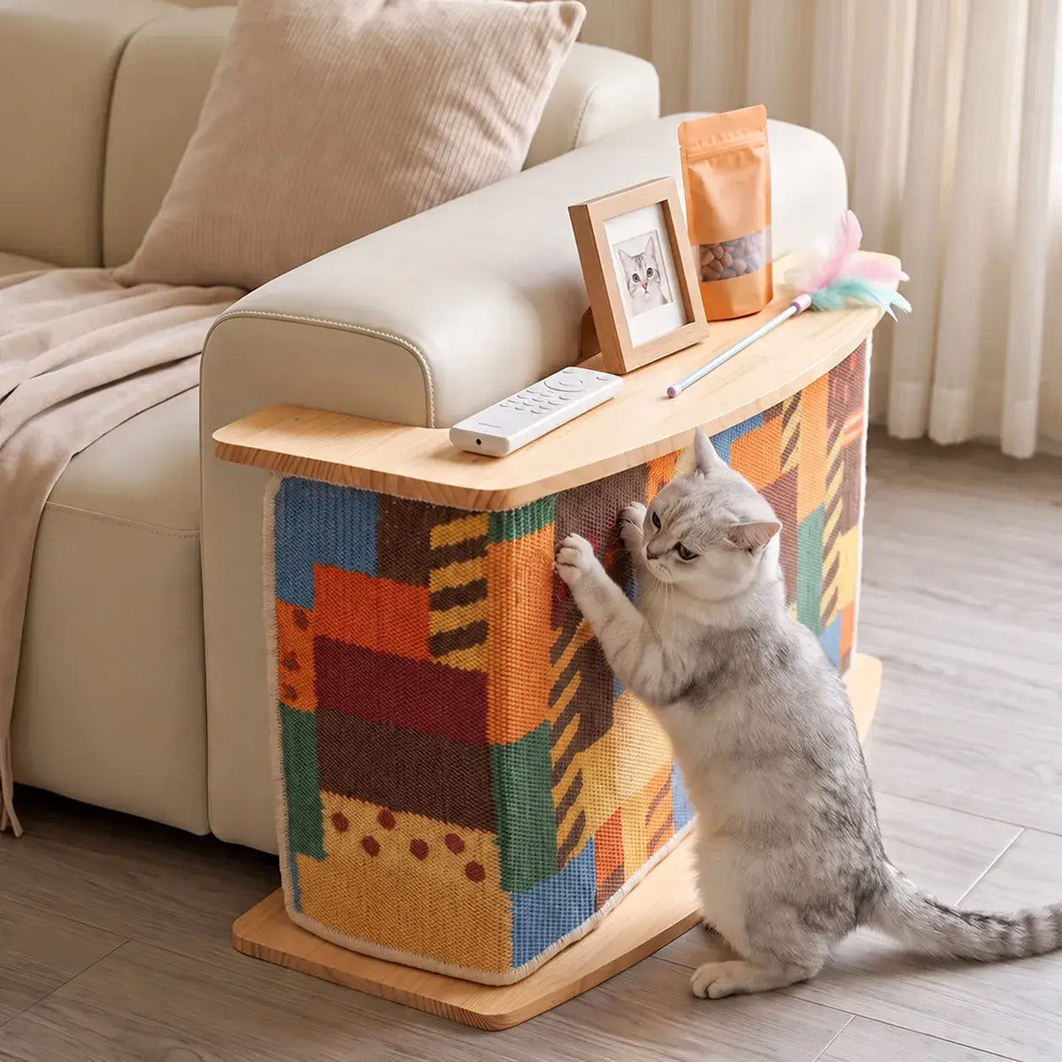 Geometric Boho Cat Scratcher Side Table With Solid Wood Storage Top