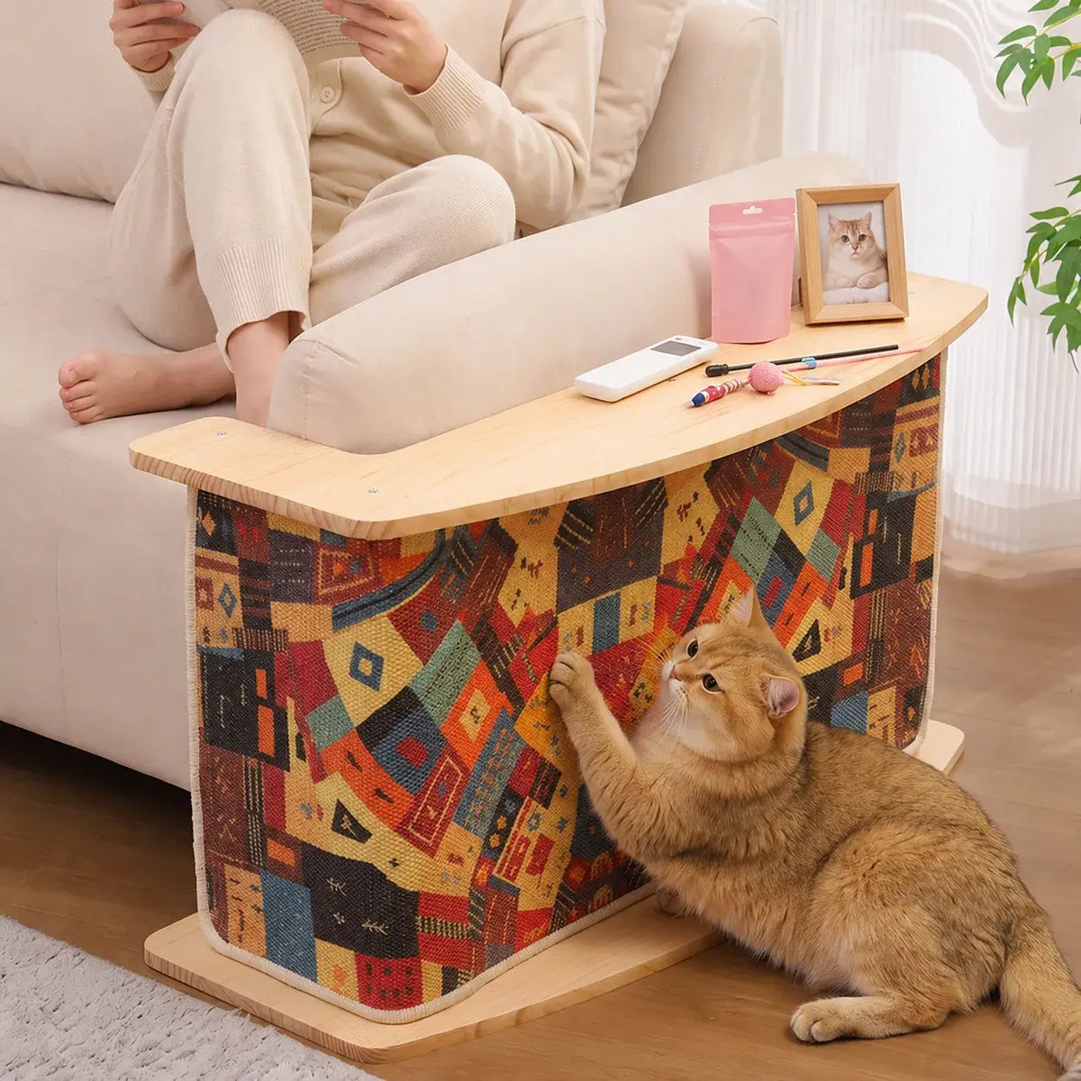 Geometric Boho Cat Scratcher Side Table With Solid Wood Storage Top Main Product Image Main image