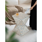 Geometric Handmade Mother of Pearl Side Table with Coastal Mosaic Flair