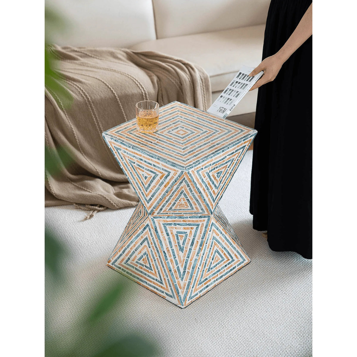 Geometric Handmade Mother of Pearl Side Table with Coastal Mosaic Flair