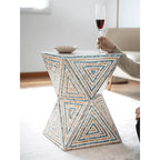 Geometric Handmade Mother of Pearl Side Table with Coastal Mosaic Flair