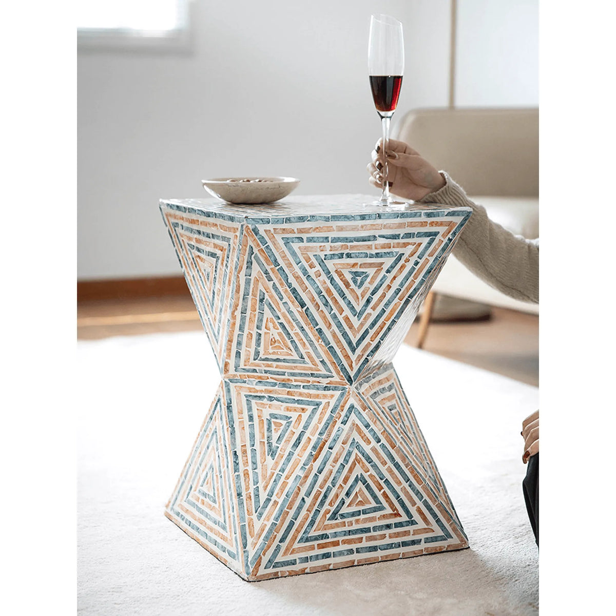 Geometric Handmade Mother of Pearl Side Table with Coastal Mosaic Flair