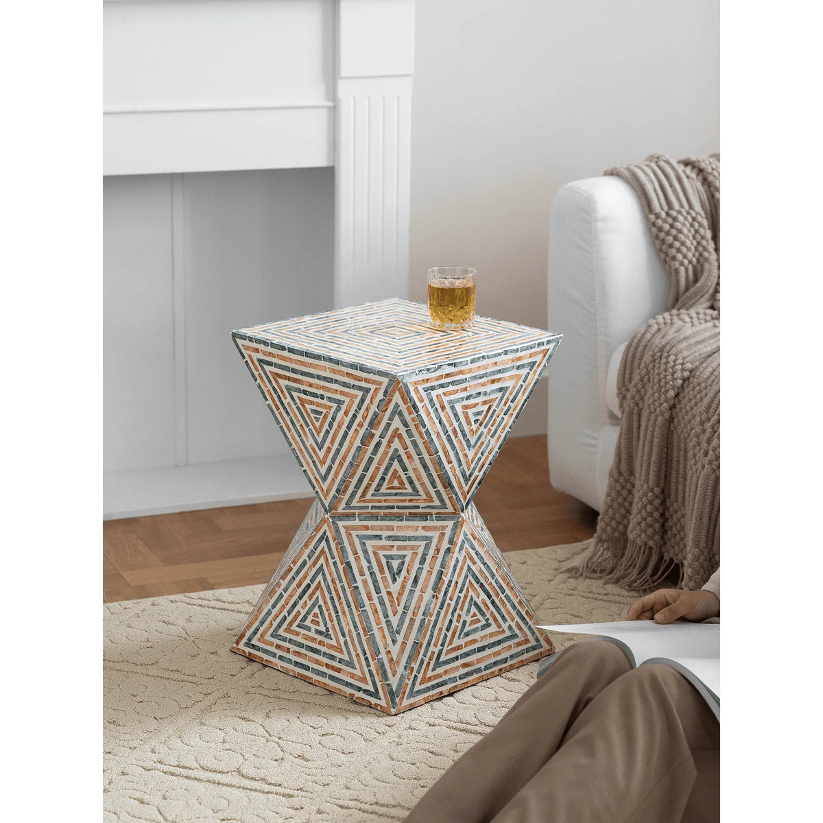 Geometric Handmade Mother of Pearl Side Table with Coastal Mosaic Flair