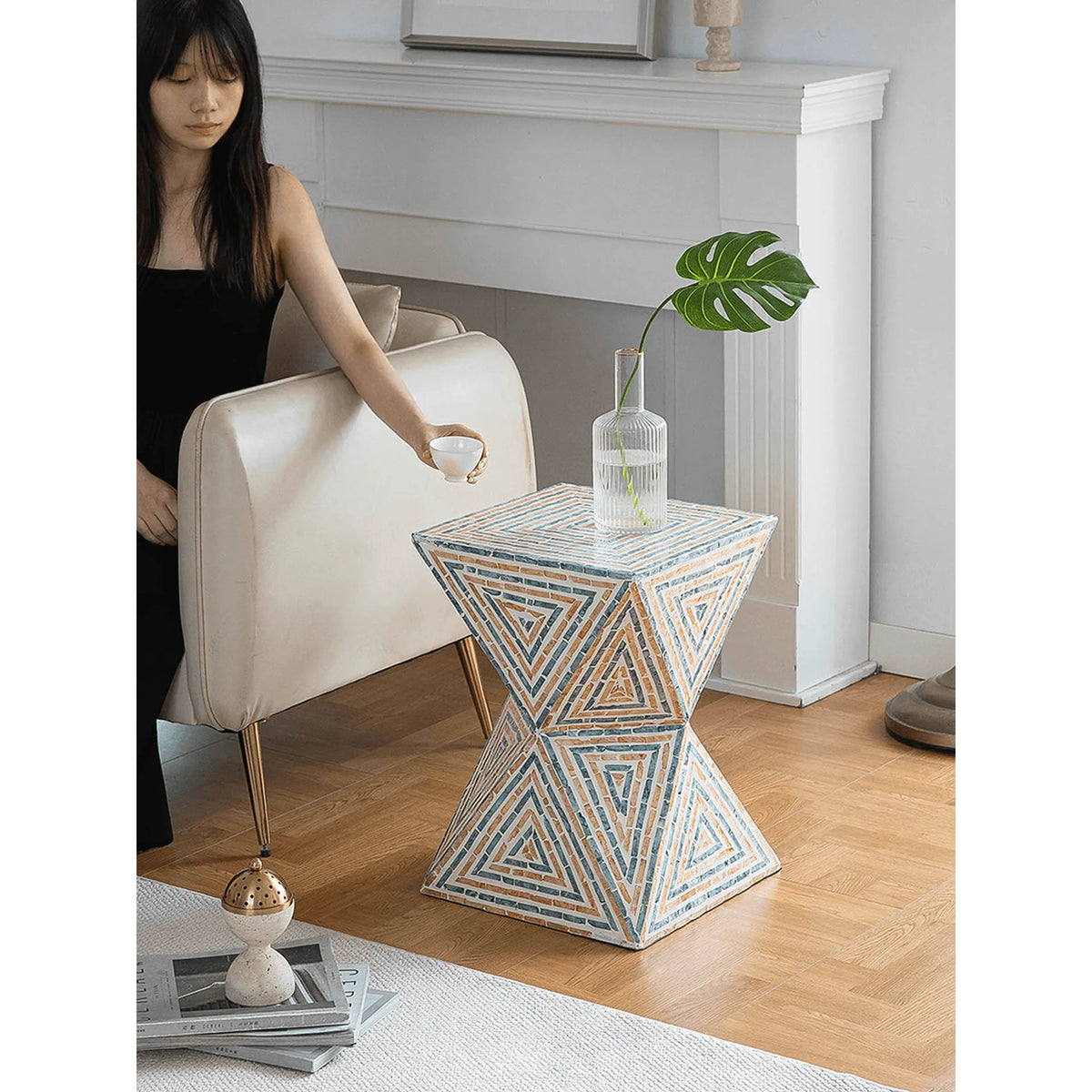 Geometric Handmade Mother of Pearl Side Table with Coastal Mosaic Flair Main Product Image