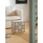 Geometric Inlay Mother of Pearl Side Table, Sculptural Pedestal Accent