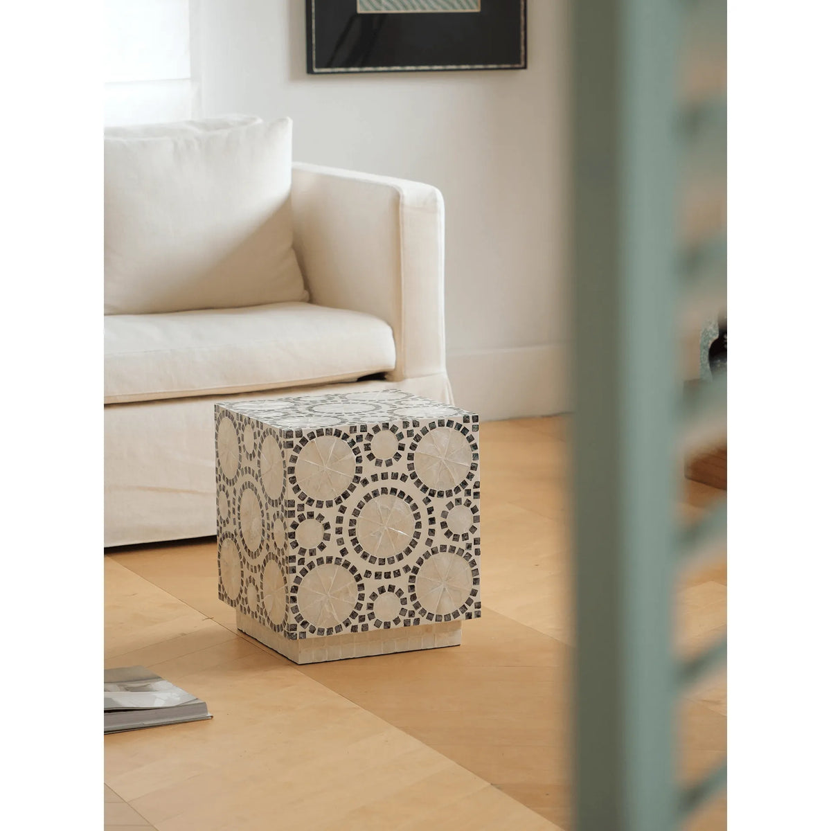 Geometric Inlay Mother of Pearl Side Table, Sculptural Pedestal Accent