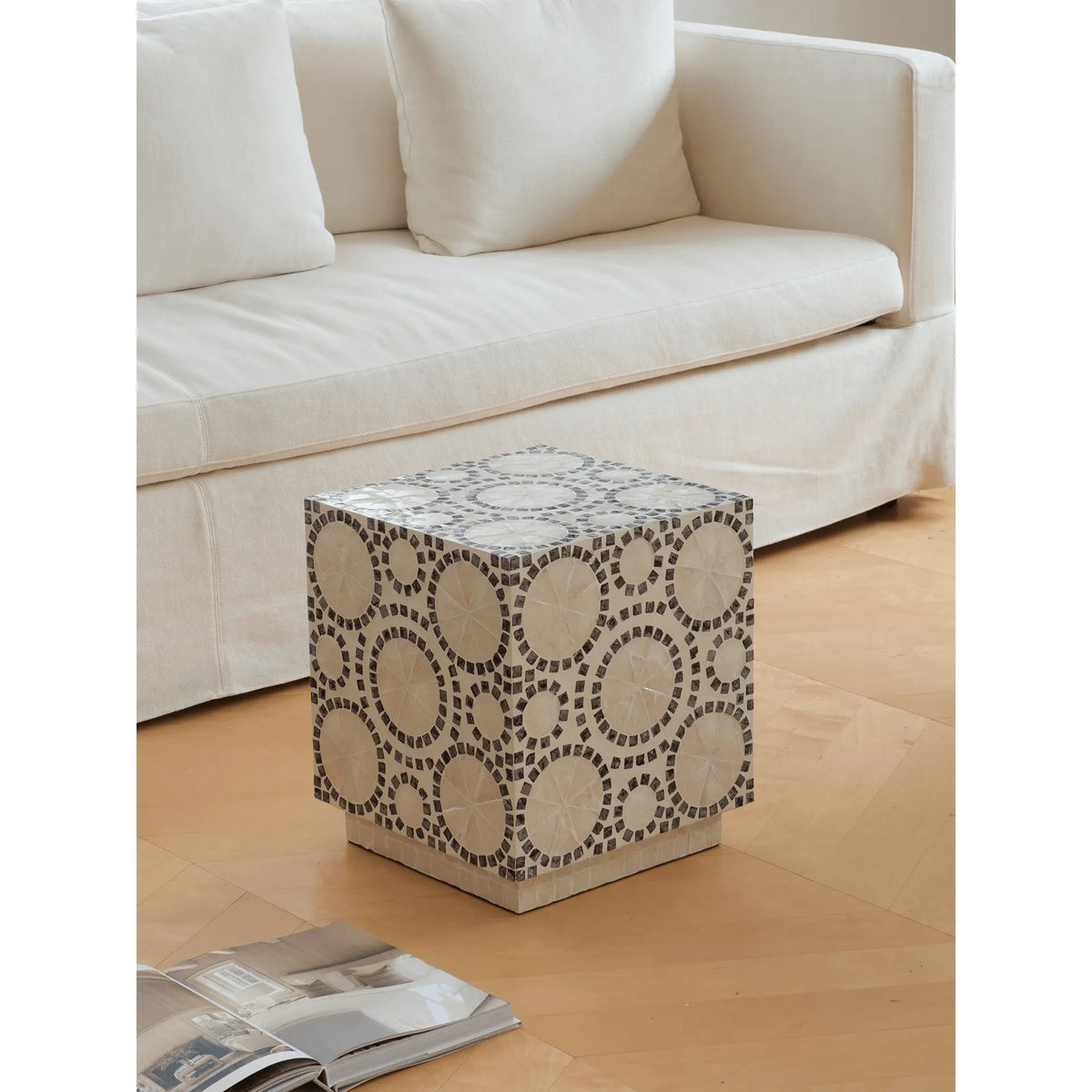 Geometric Inlay Mother of Pearl Side Table, Sculptural Pedestal Accent