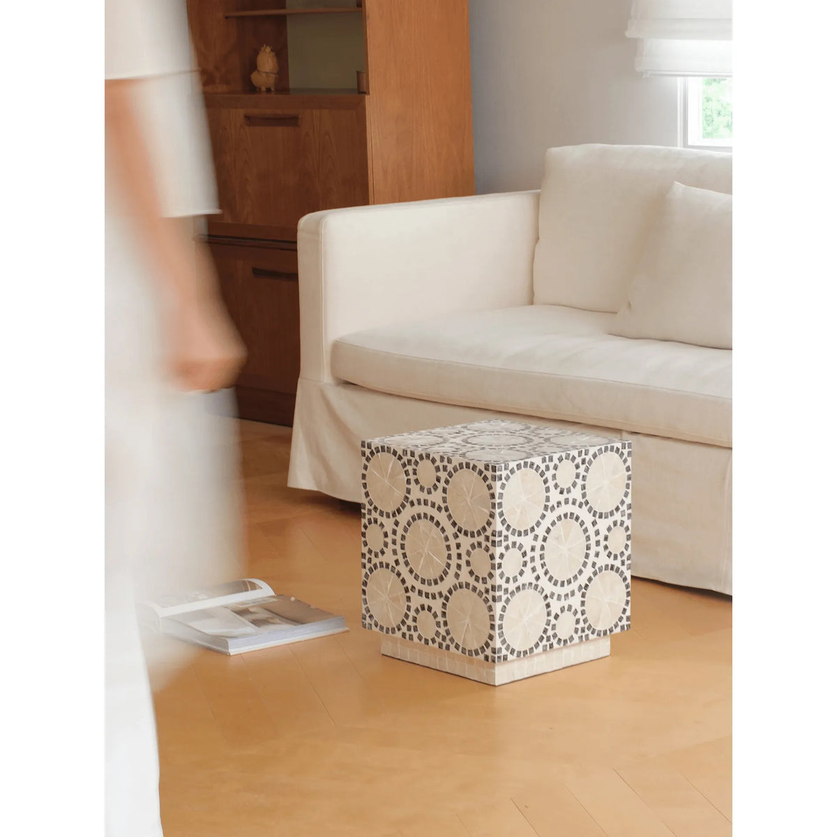 Geometric Inlay Mother of Pearl Side Table, Sculptural Pedestal Accent