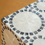 Geometric Inlay Mother of Pearl Side Table, Sculptural Pedestal Accent