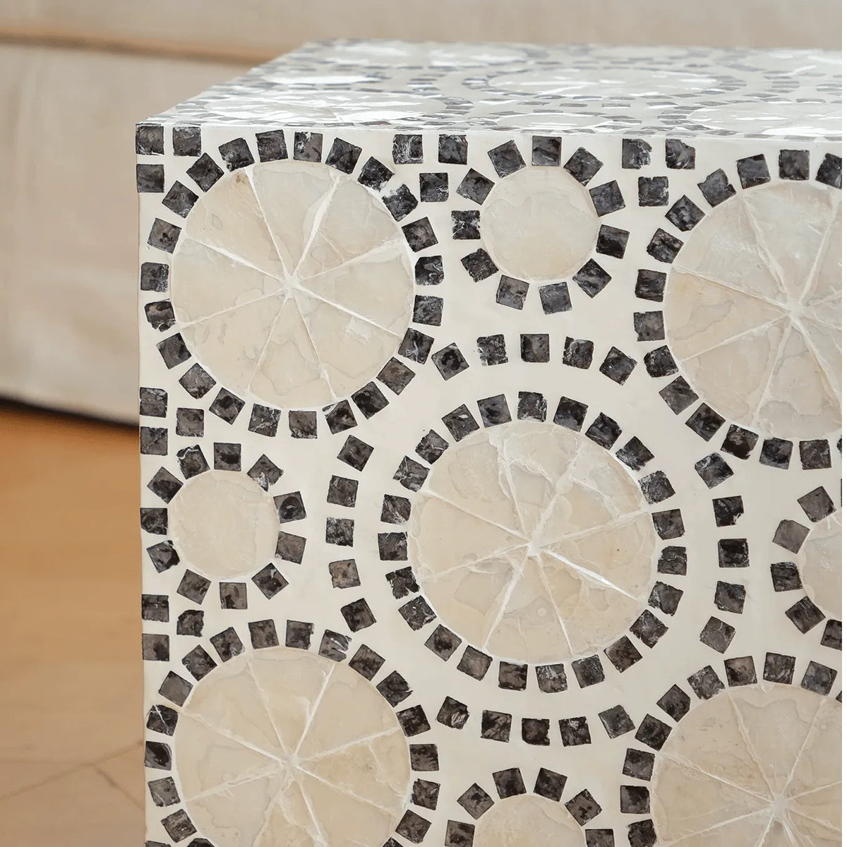 Geometric Inlay Mother of Pearl Side Table, Sculptural Pedestal Accent