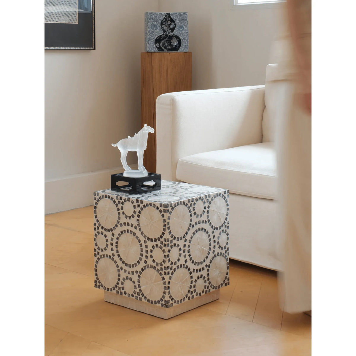 Geometric Inlay Mother of Pearl Side Table, Sculptural Pedestal Accent Main Product Image