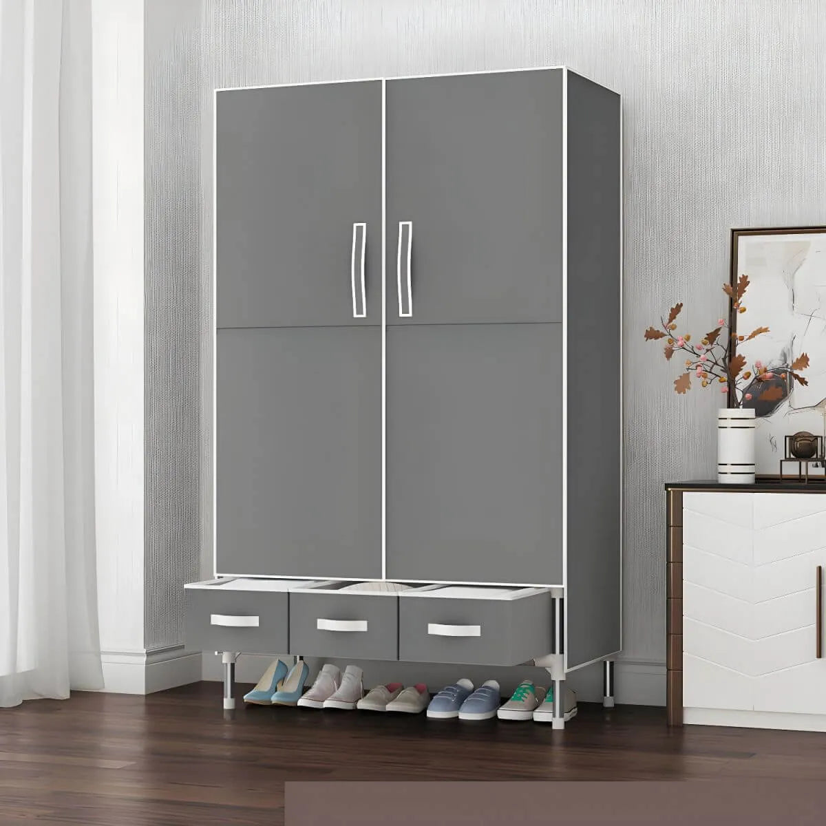 Geometric Metal Wardrobe Armoire With Drawers and Soft-Close Doors