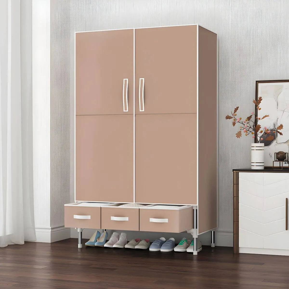 Geometric Metal Wardrobe Armoire With Drawers and Soft-Close Doors