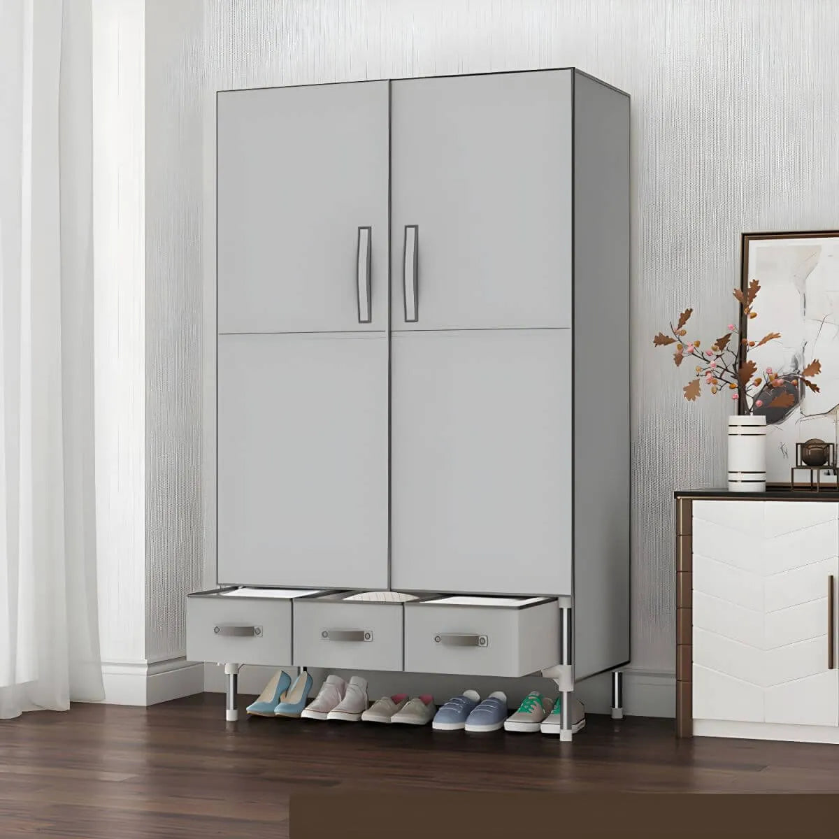 Geometric Metal Wardrobe Armoire With Drawers and Soft-Close Doors