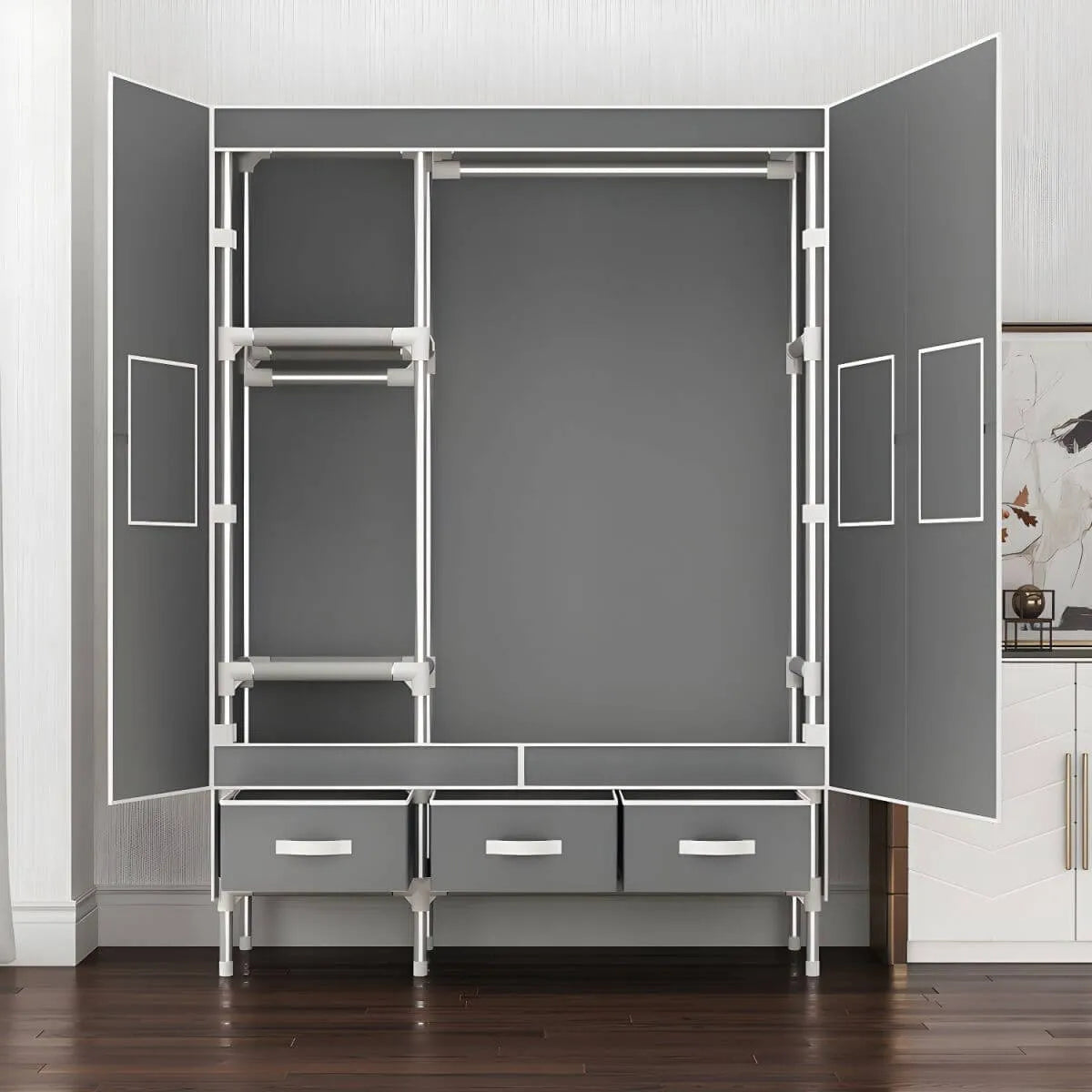 Geometric Metal Wardrobe Armoire With Drawers and Soft-Close Doors