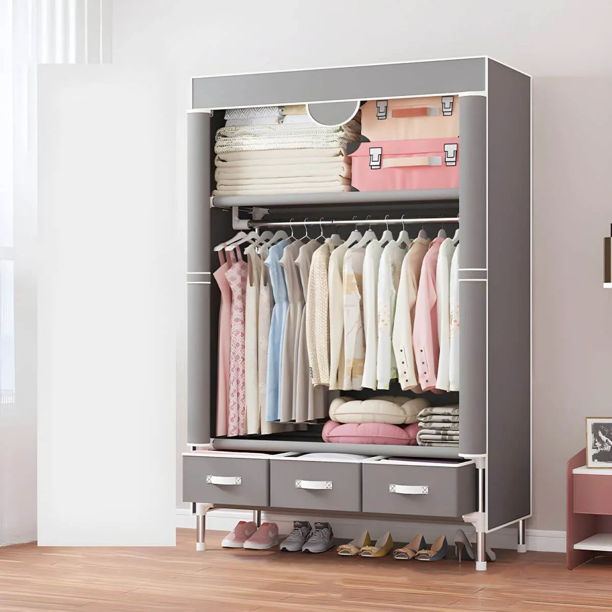 Geometric Metal Wardrobe Armoire With Drawers and Soft-Close Doors