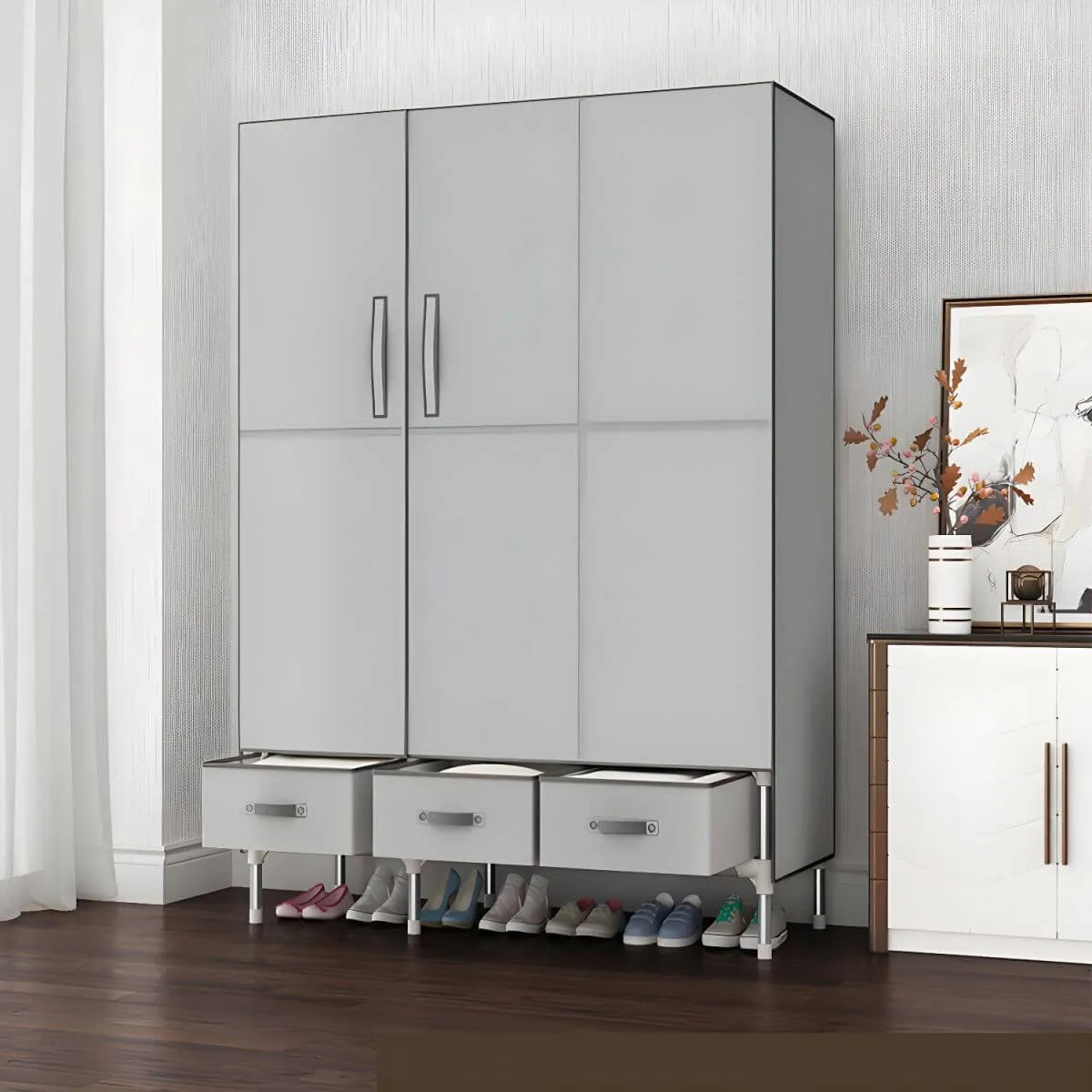 Geometric Metal Wardrobe Armoire With Drawers and Soft-Close Doors