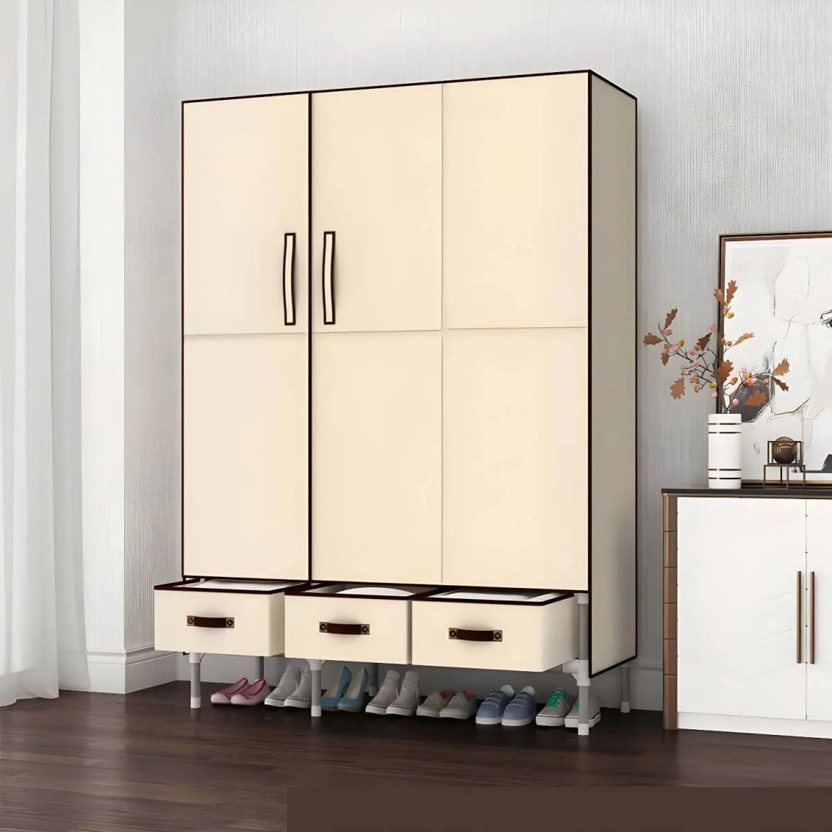 Geometric Metal Wardrobe Armoire With Drawers and Soft-Close Doors