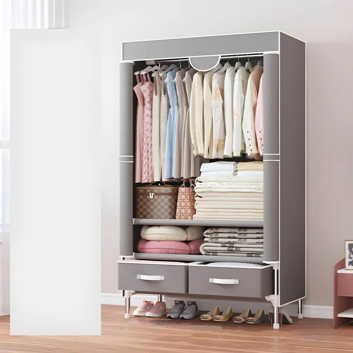 Geometric Metal Wardrobe Armoire With Drawers and Soft-Close Doors