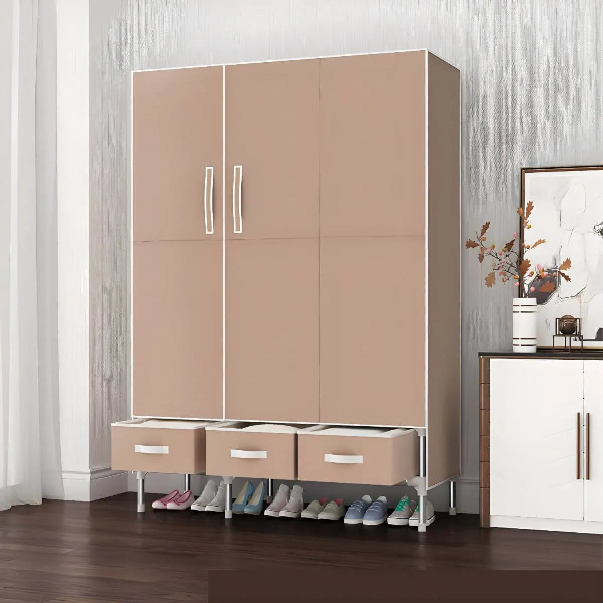 Geometric Metal Wardrobe Armoire With Drawers and Soft-Close Doors