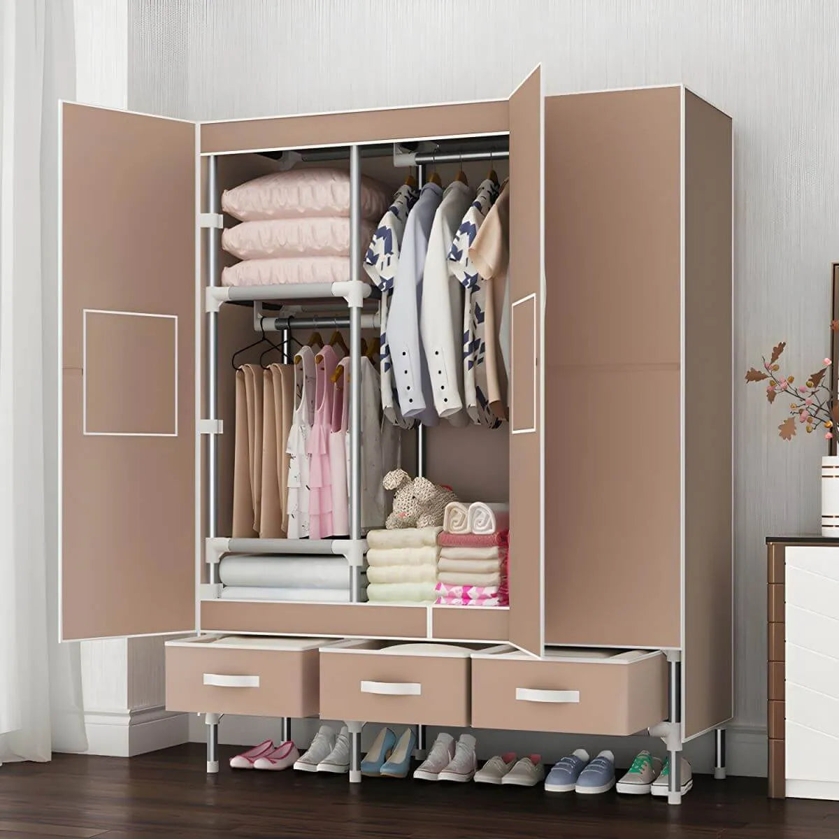 Geometric Metal Wardrobe Armoire With Drawers and Soft-Close Doors