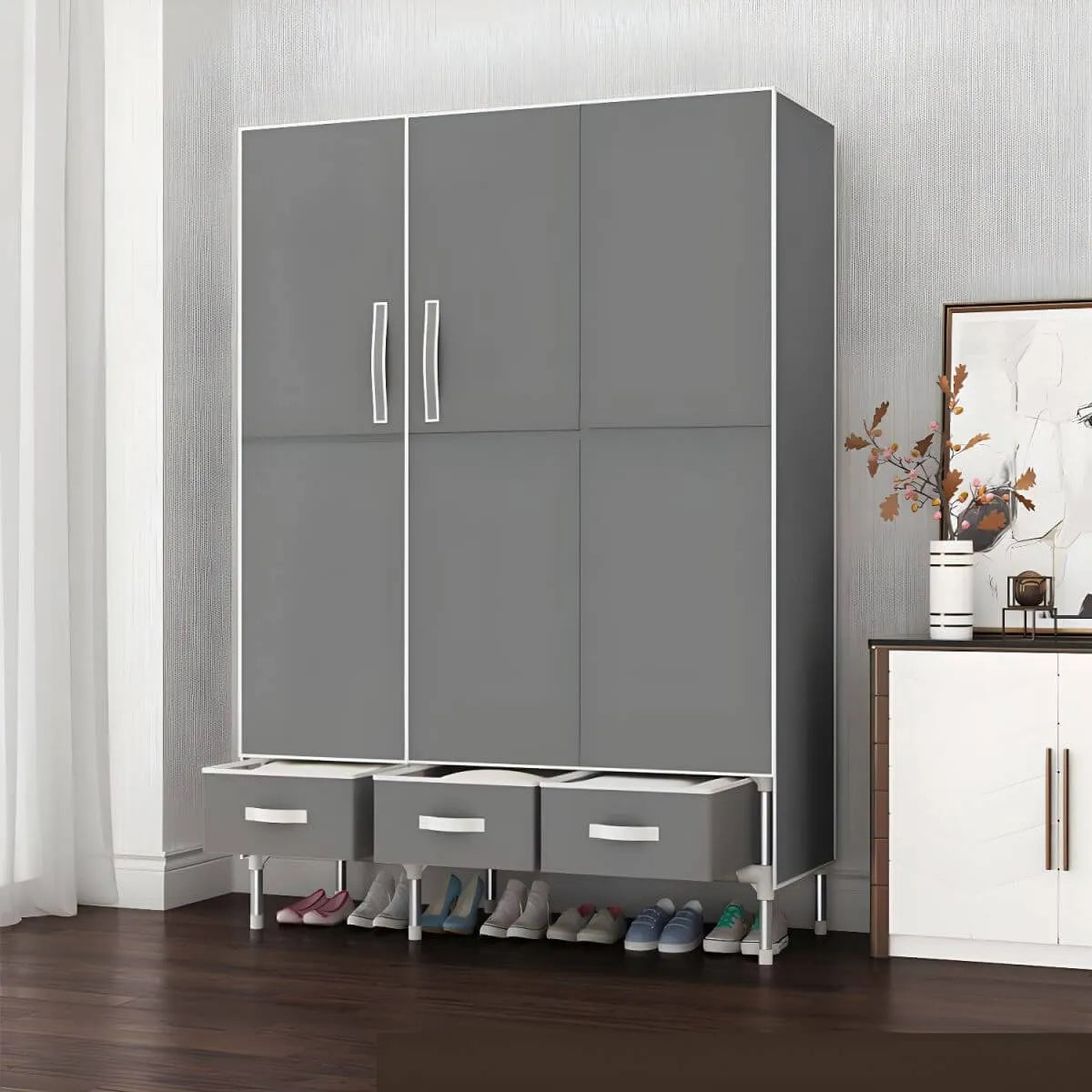 Geometric Metal Wardrobe Armoire With Drawers and Soft-Close Doors