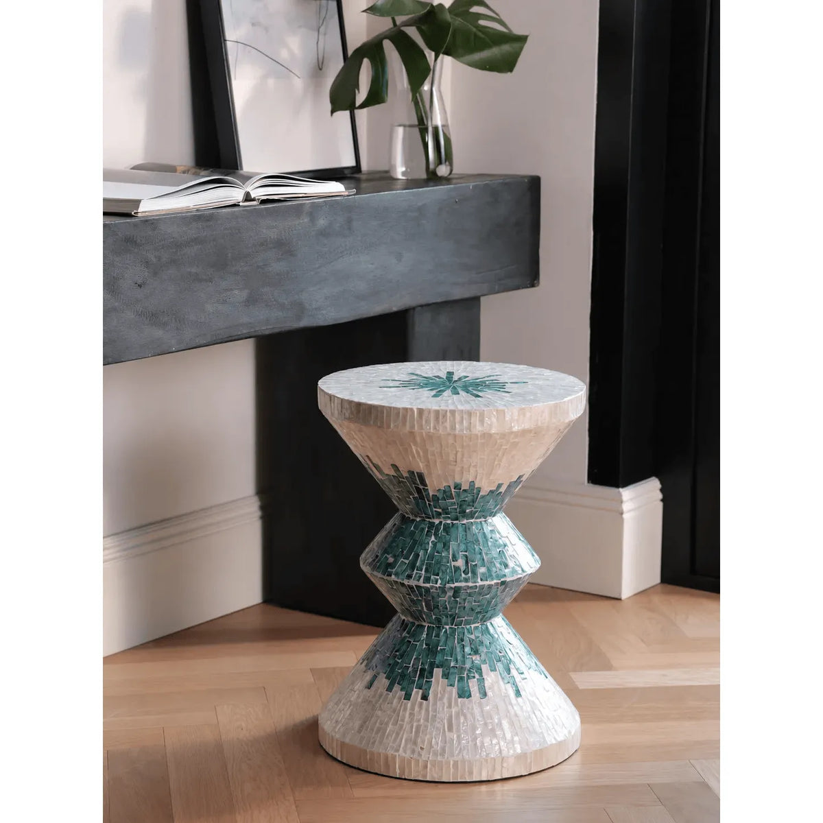 Geometric Mother of Pearl Side Table, Sculptural Shell Inlay Accent