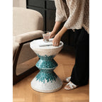 Geometric Mother of Pearl Side Table, Sculptural Shell Inlay Accent