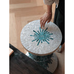 Geometric Mother of Pearl Side Table, Sculptural Shell Inlay Accent