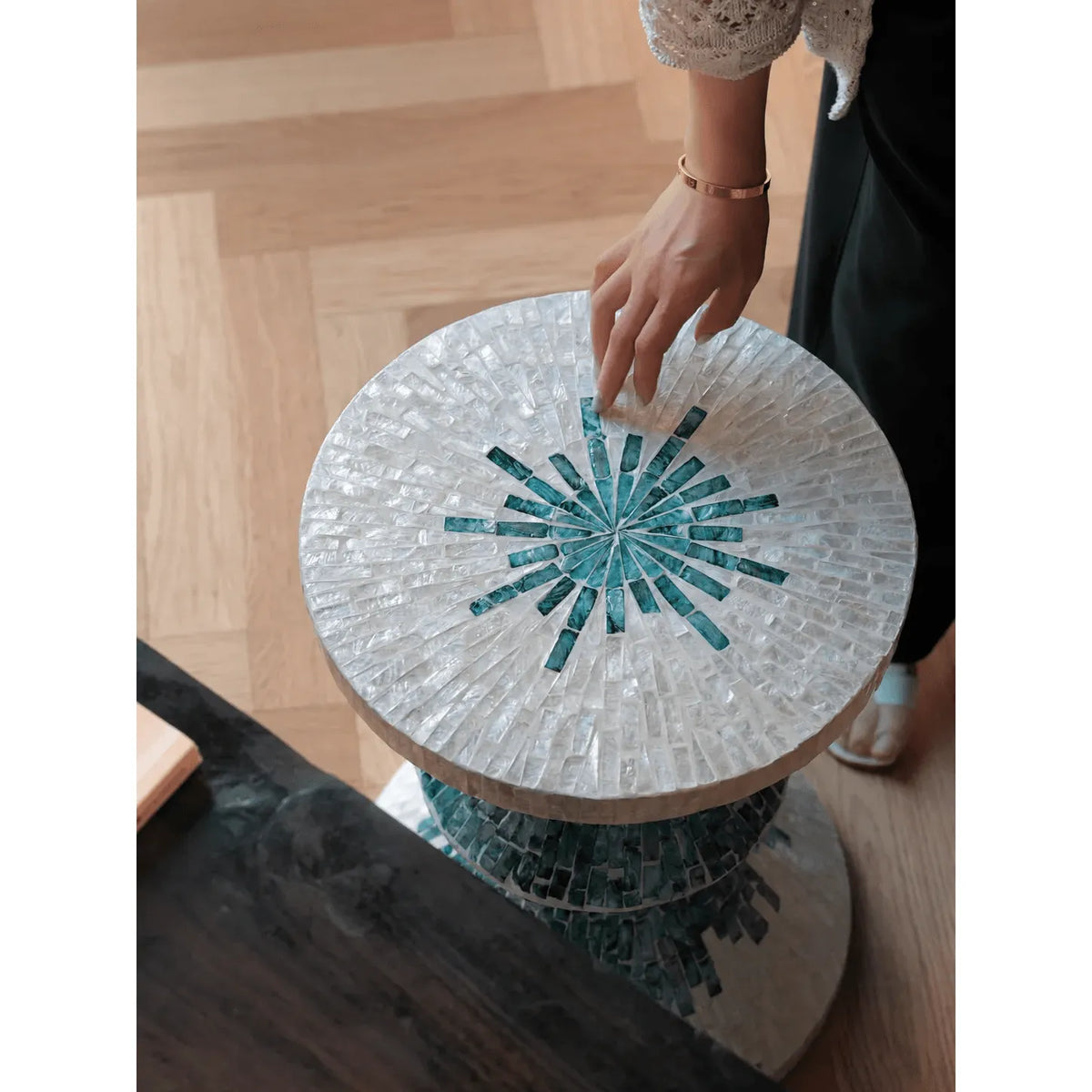 Geometric Mother of Pearl Side Table, Sculptural Shell Inlay Accent