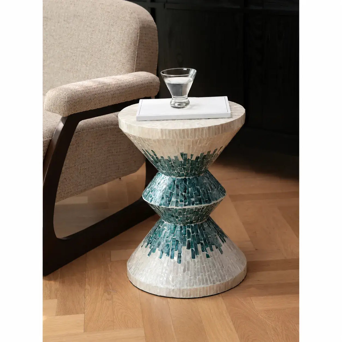 Geometric Mother of Pearl Side Table, Sculptural Shell Inlay Accent