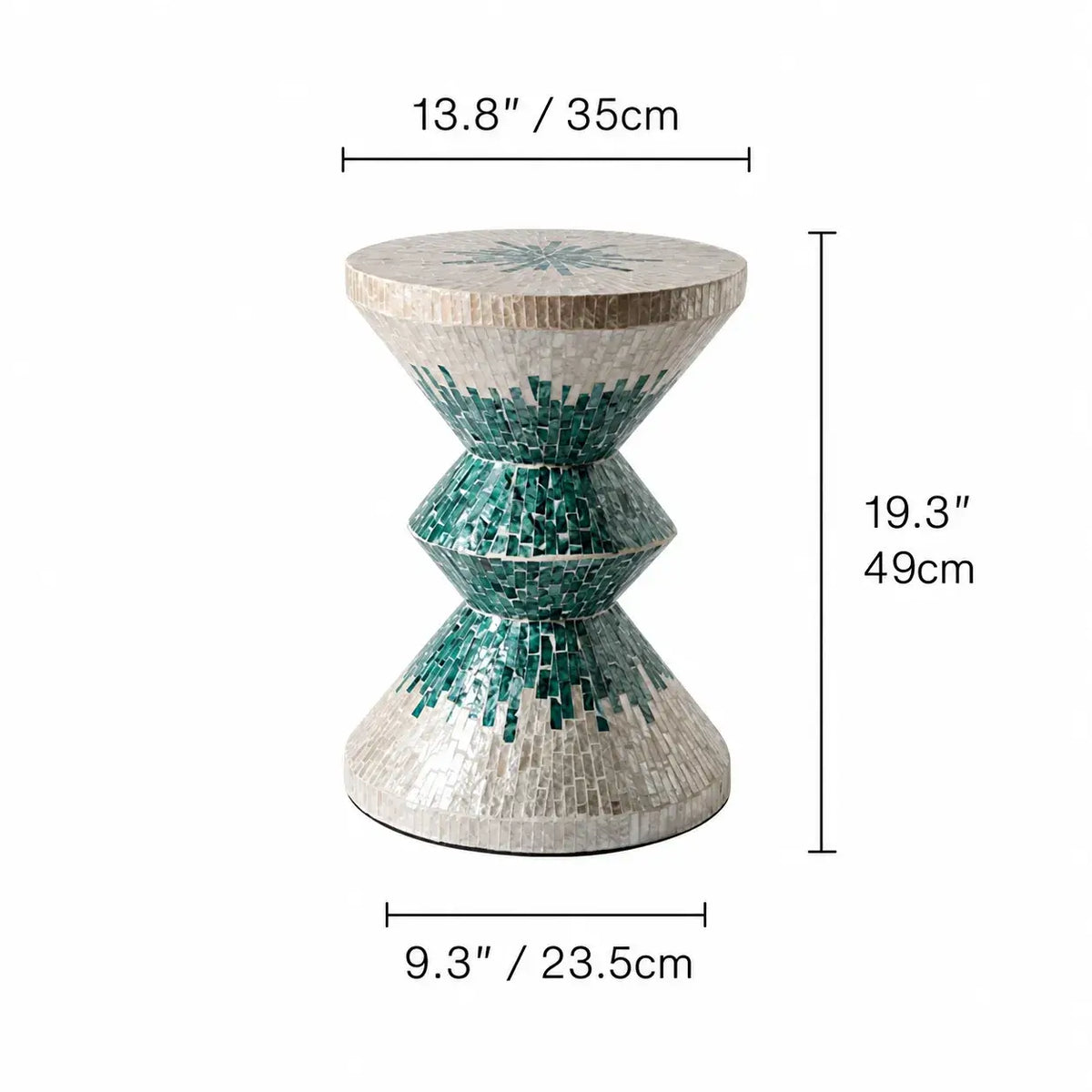 Geometric Mother of Pearl Side Table, Sculptural Shell Inlay Accent Dimensions