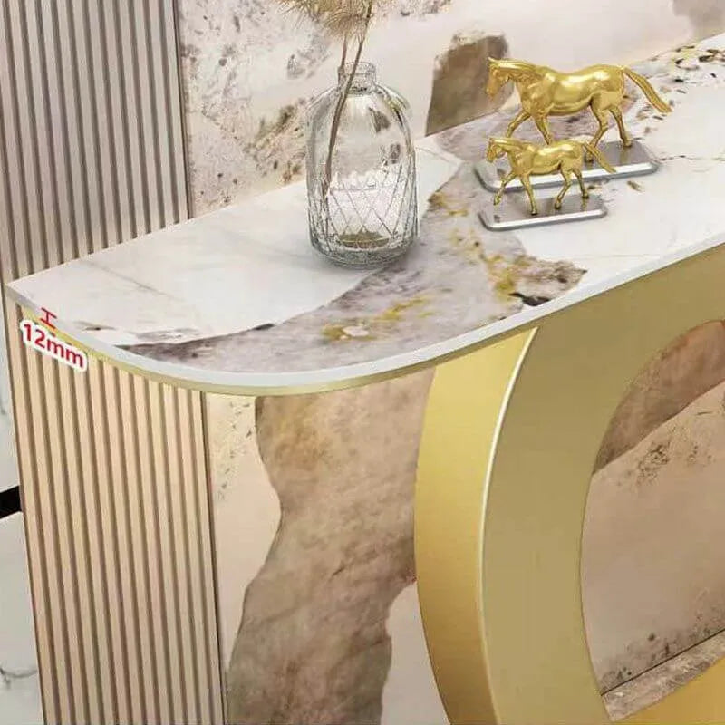 Glam Half-Round Stone Console Table with Abstract Iron Base