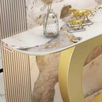 Glam Half-Round Stone Console Table with Abstract Iron Base