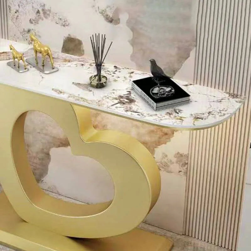Glam Half-Round Stone Console Table with Abstract Iron Base