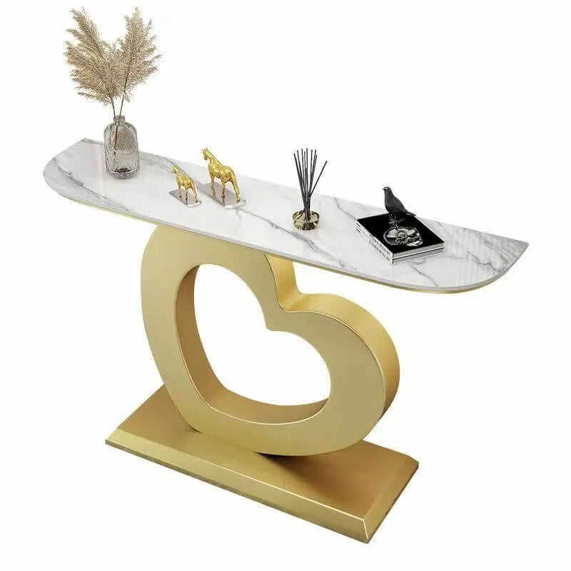 Glam Half-Round Stone Console Table with Abstract Iron Base