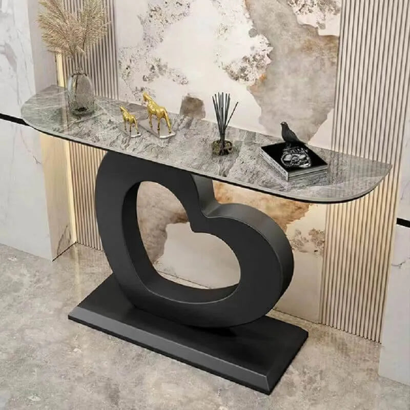 Glam Half-Round Stone Console Table with Abstract Iron Base