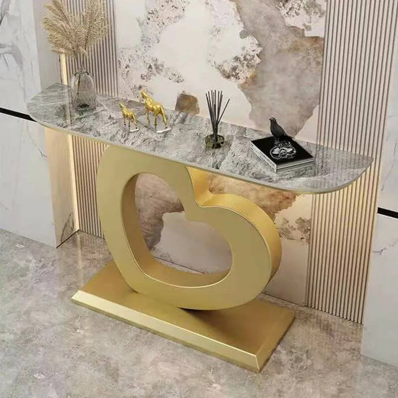 Glam Half-Round Stone Console Table with Abstract Iron Base