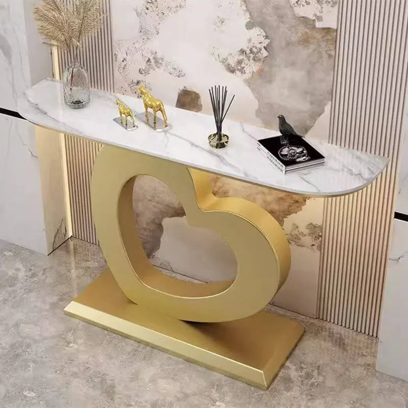 Glam Half-Round Stone Console Table with Abstract Iron Base Secondary image