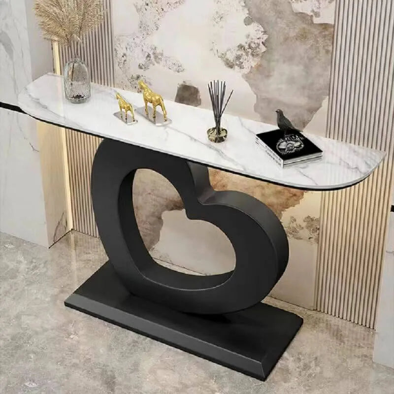 Glam Half-Round Stone Console Table with Abstract Iron Base