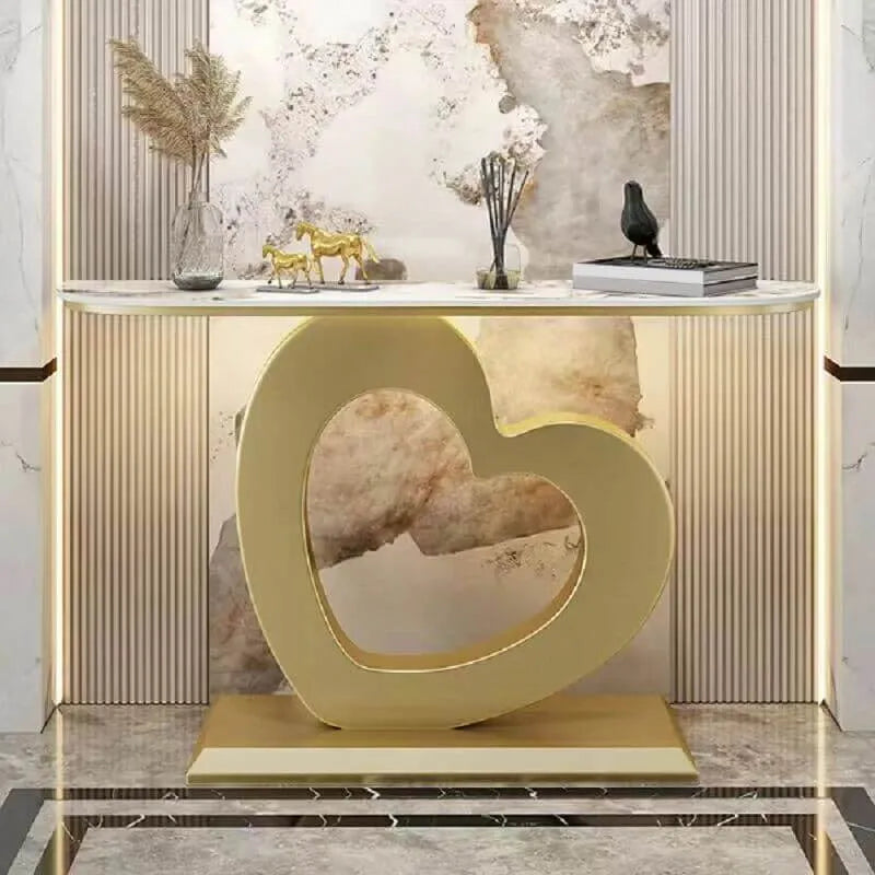 Glam Half-Round Stone Console Table with Abstract Iron Base Main Product Image Main image