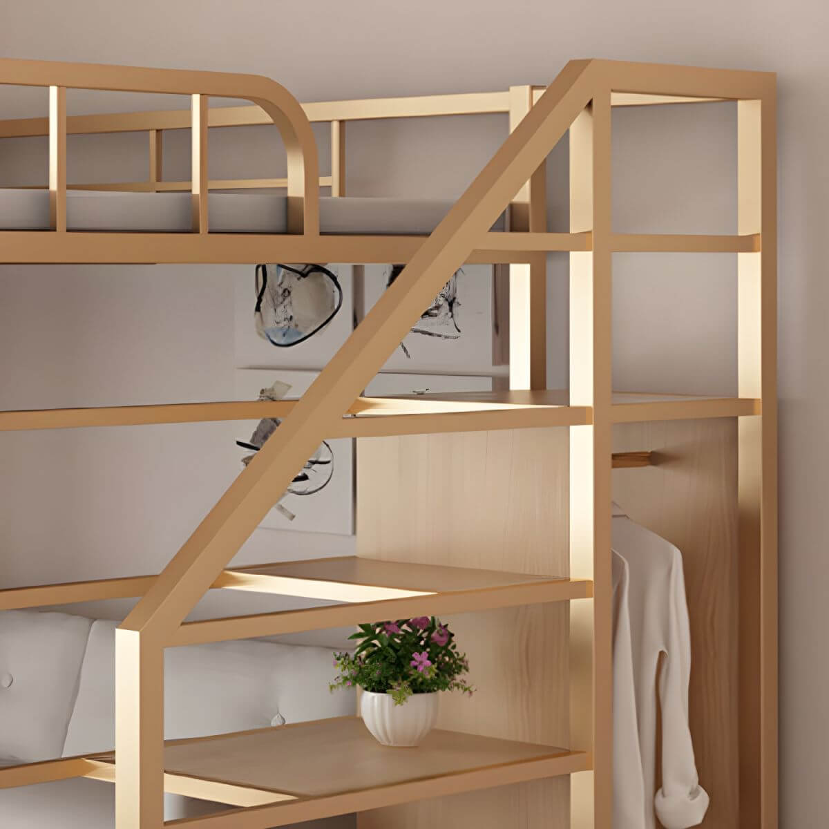Glam Iron Loft Bed with Built-In Stairs and Storage