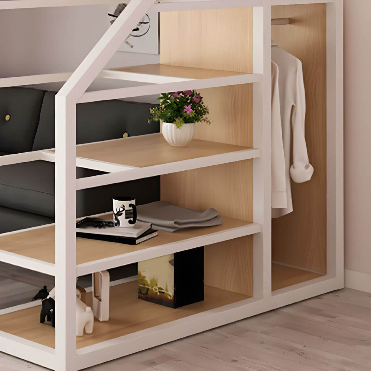 Glam Iron Loft Bed with Built-In Stairs and Storage