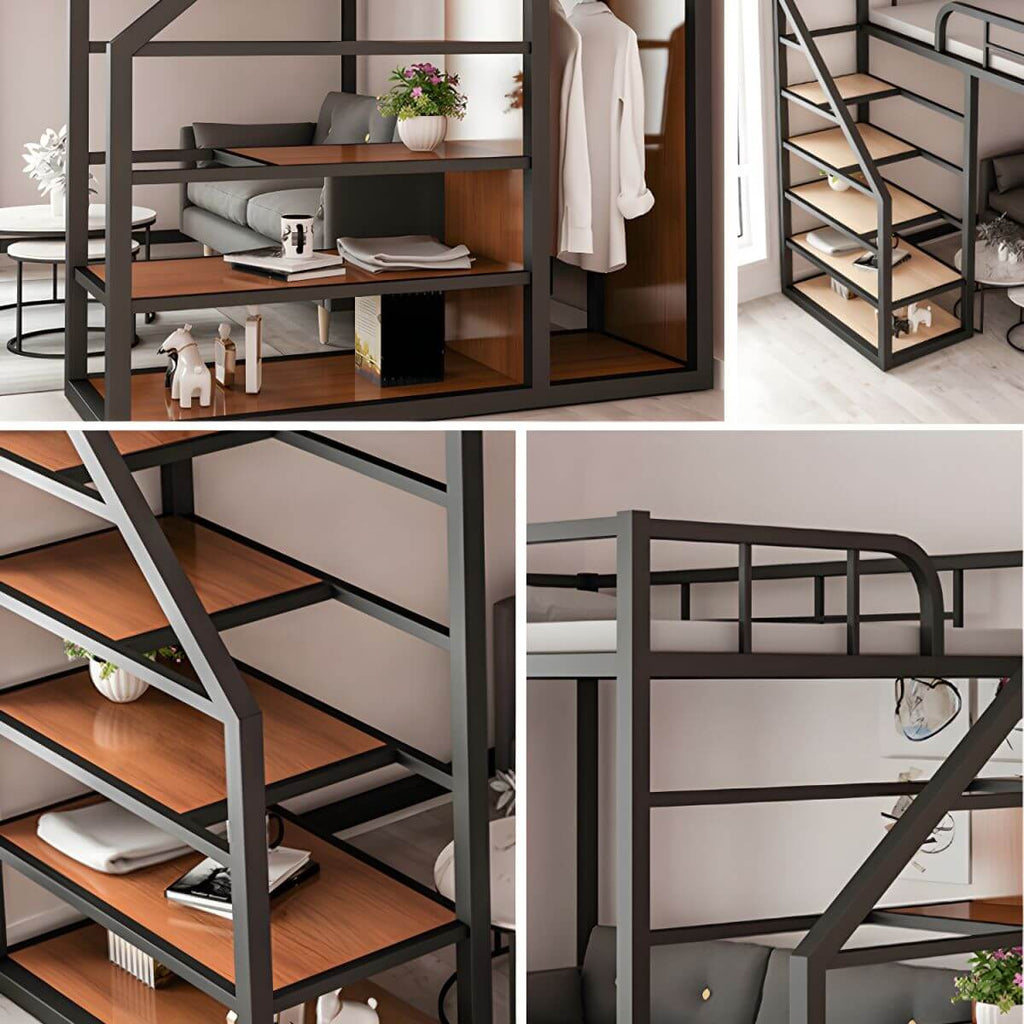 Glam Iron Loft Bed with Built-In Stairs and Storage