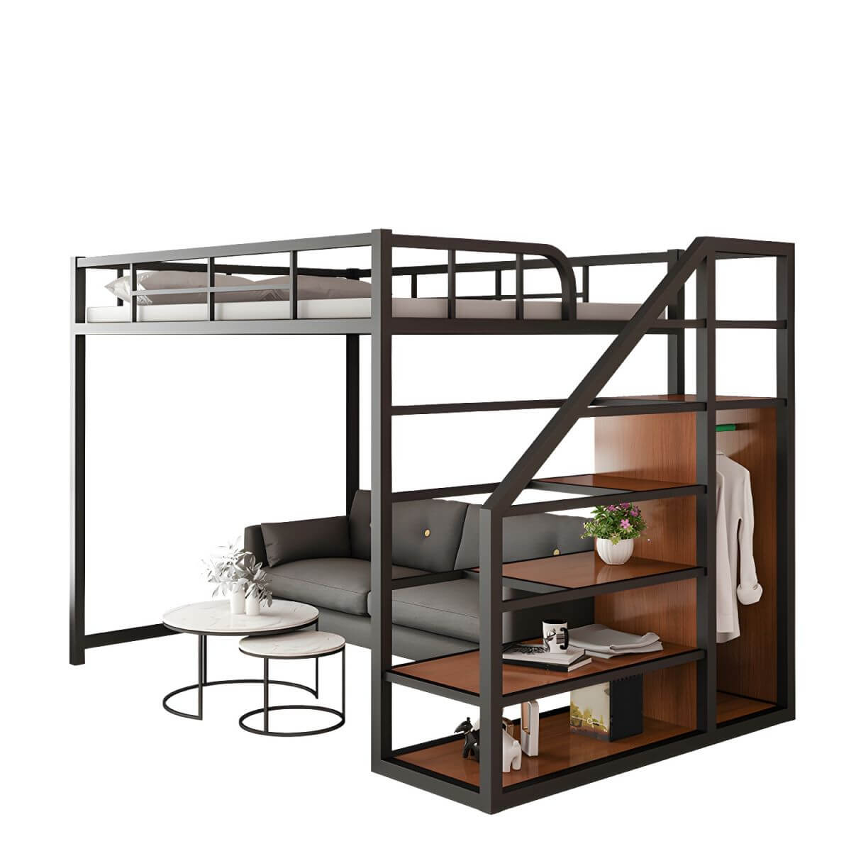 Glam Iron Loft Bed with Built-In Stairs and Storage