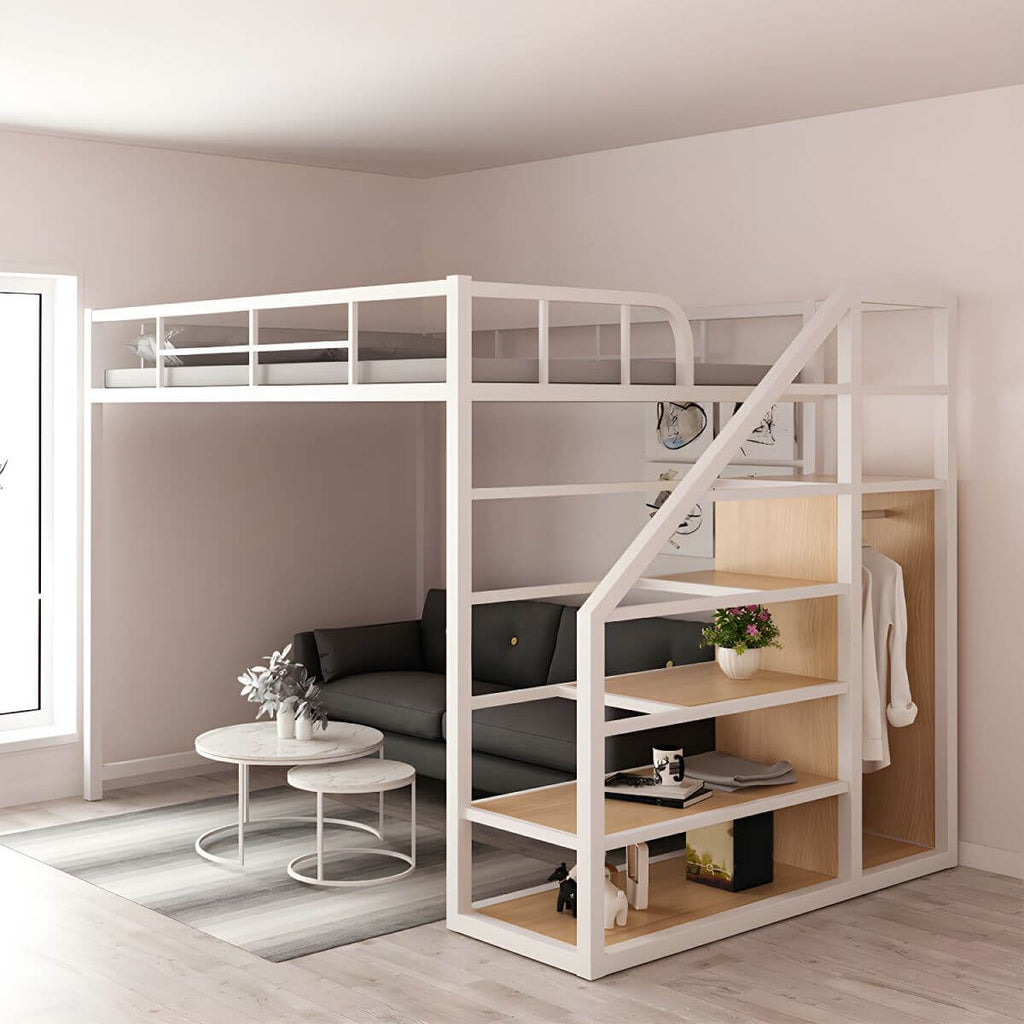 Glam Iron Loft Bed with Built-In Stairs and Storage