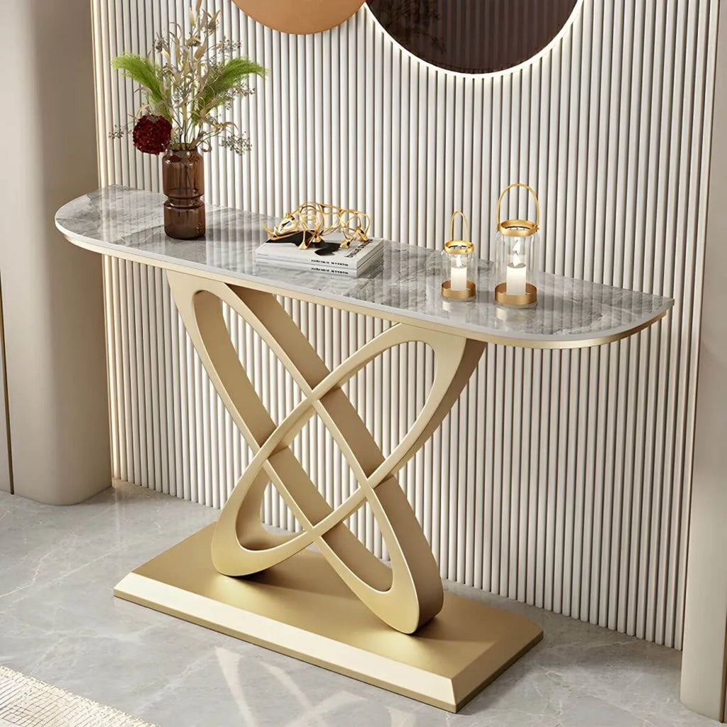 Glam Marble Top Console Table with Sculptural Iron Base