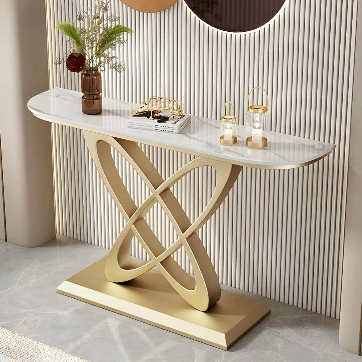 Glam Marble Top Console Table with Sculptural Iron Base